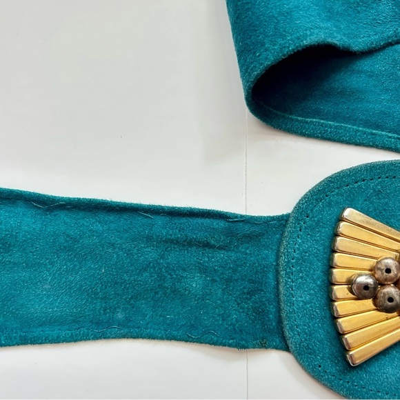 Vintage Laise Adzer Blue Suede Leather Wide Art Deco Belt Boho Chic Statement - Picture 13 of 13